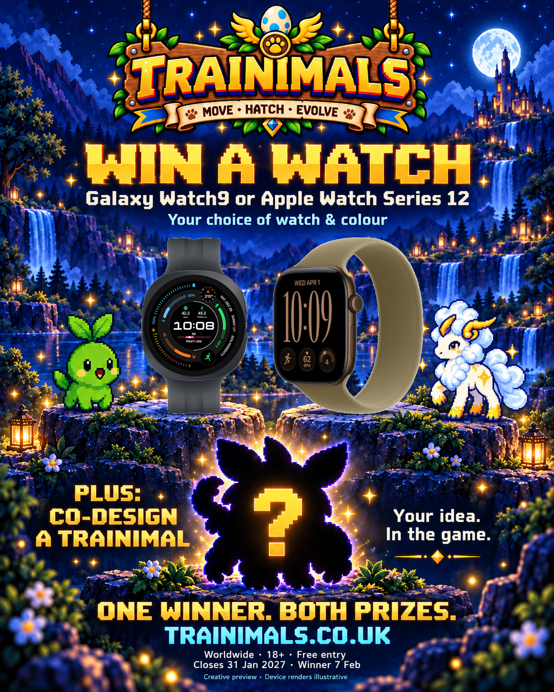 Trainimals giveaway poster: a Galaxy Watch9 or Apple Watch Series 12, plus a chance to co-design a Trainimal