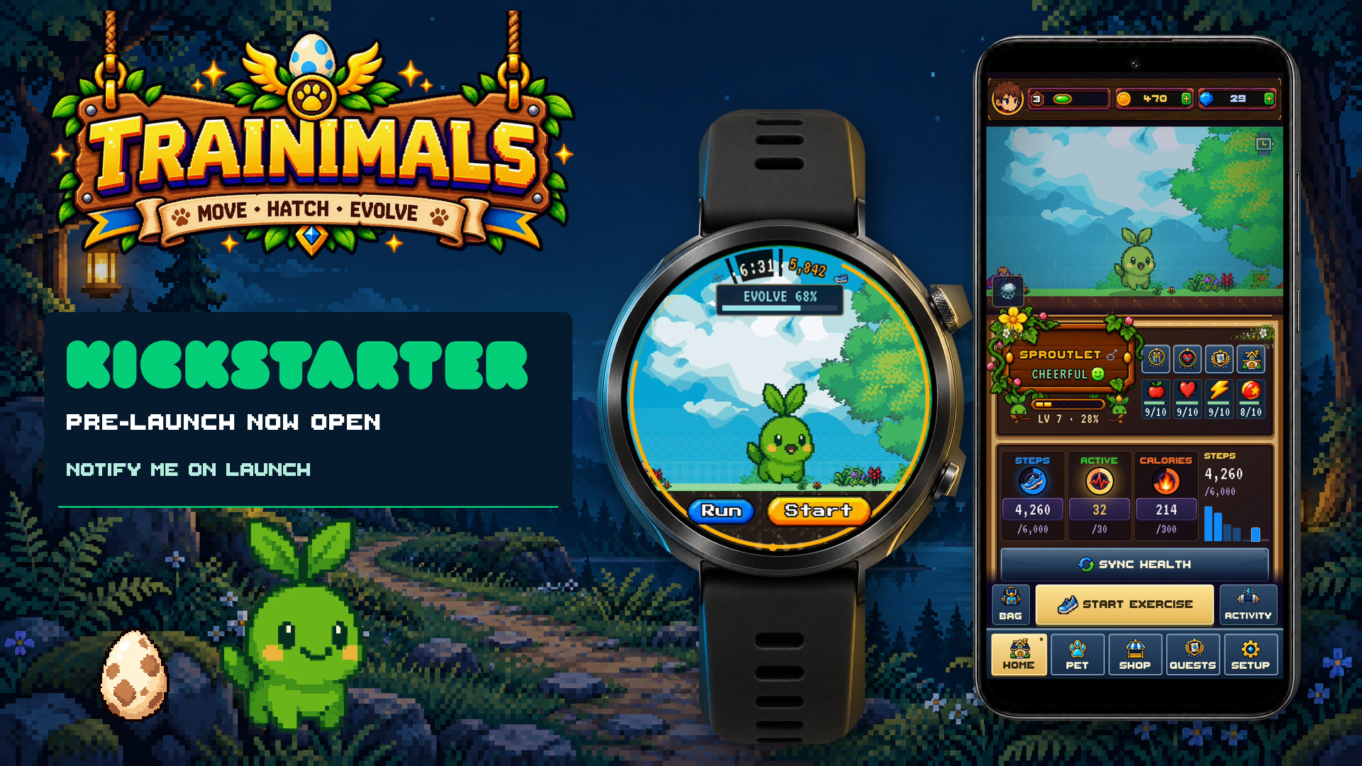 Trainimals on phone and watch, with our pixel-art companions