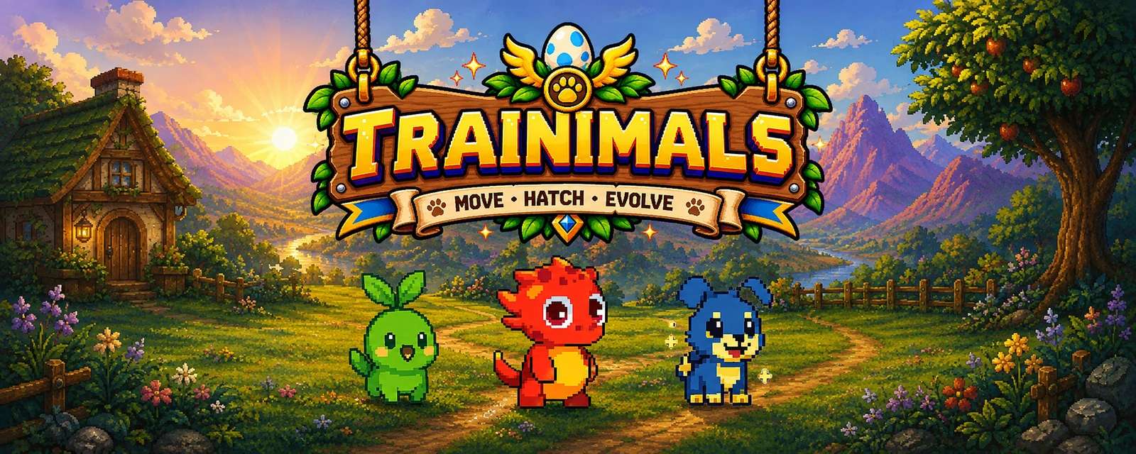 Trainimals gathered in a bright mountain valley beneath the Move, Hatch, Evolve sign.