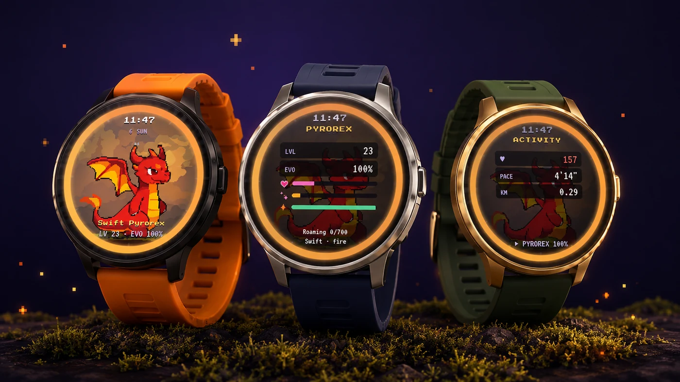 Three example smartwatches showing the Trainimals Pyrorex companion, creature stats and live workout screens.