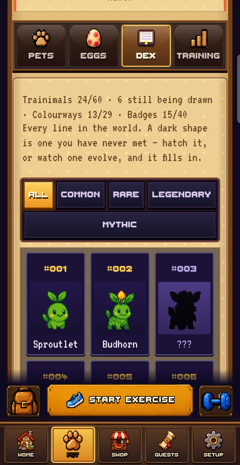 The Field Guide: numbered entries, most of them dark silhouettes marked with question marks, filtered by rarity.