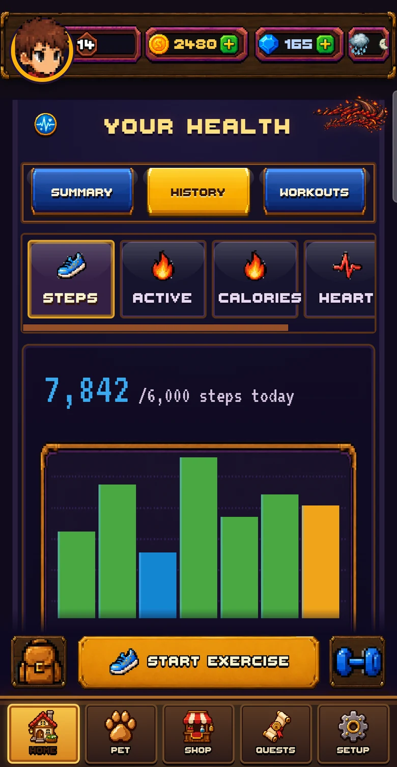 Health history showing seven days of real step progress and today's goal.