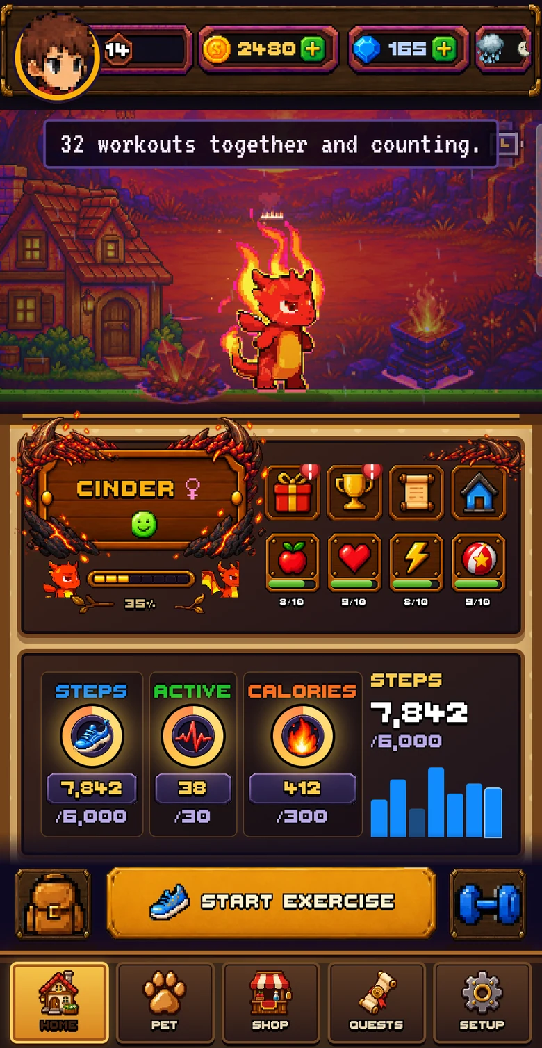 Home screen with Cinder the evolved fire Trainimal, activity rings, care actions and an ember-themed home.
