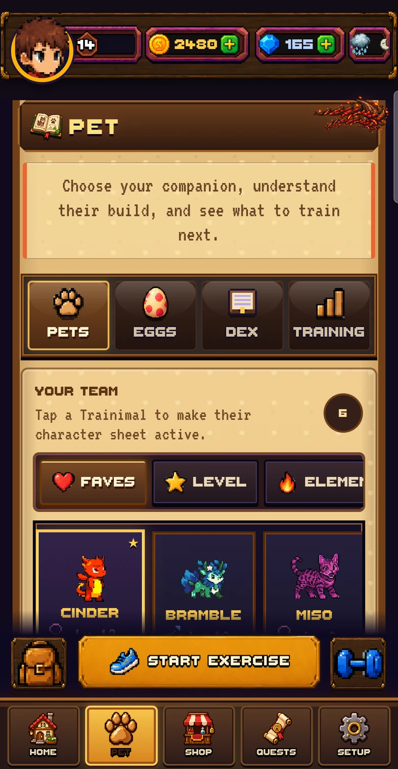 Pet collection showing six named Trainimals with different forms and colourways.