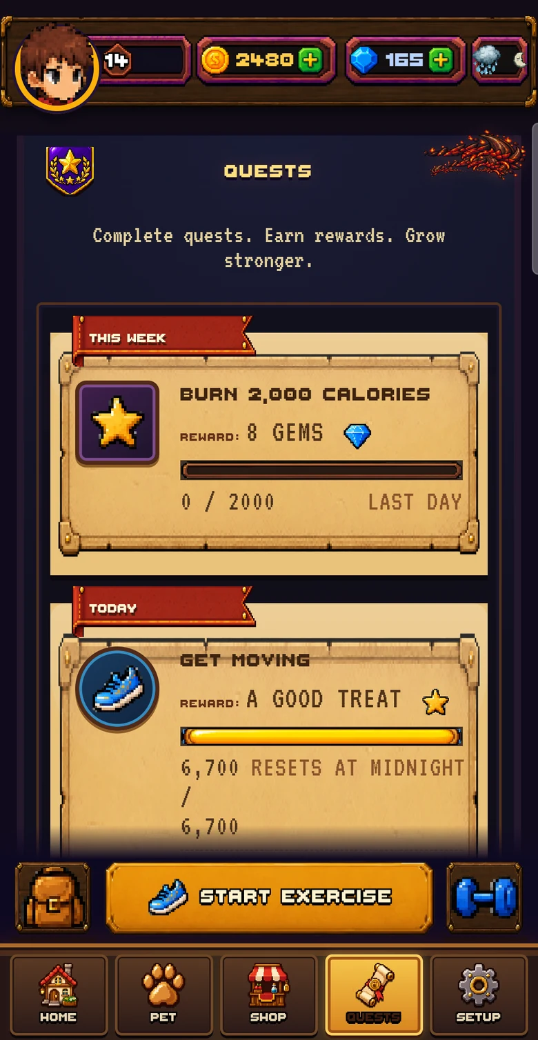Daily and weekly quests with progress bars and rewards.