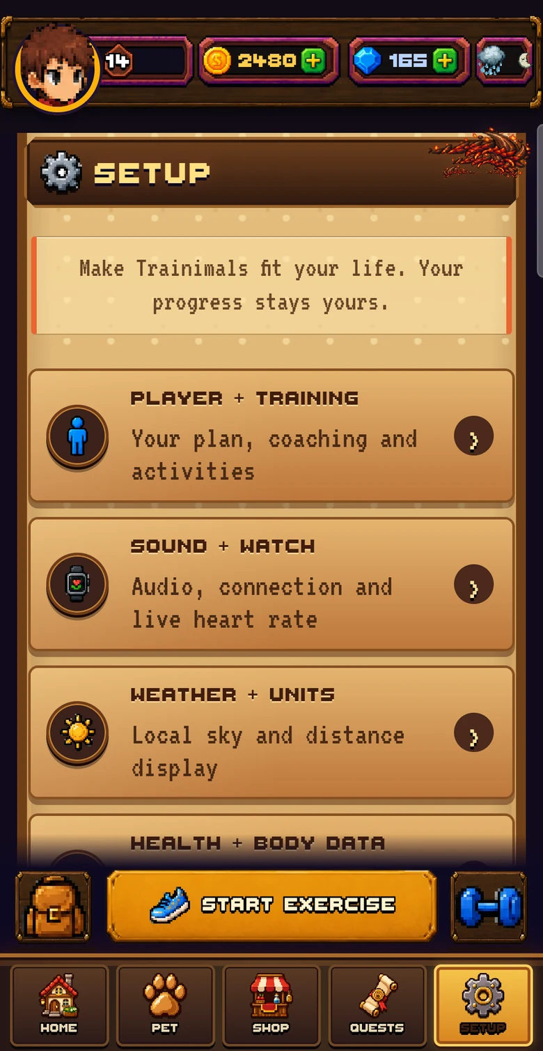 Setup screen with grouped player, training, watch, weather and health settings.