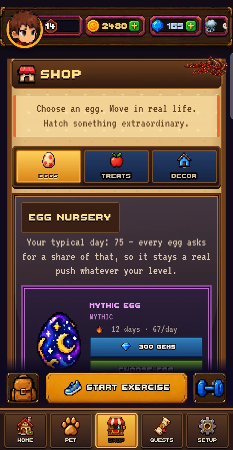 Egg shop showing a mythic egg, its activity target and gem price.